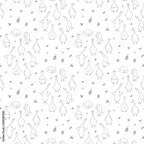 Fototapeta Goose Seamless Pattern. Cute Cartoon geese, Vector Illustration Background.