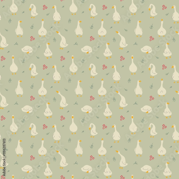 Obraz Goose Seamless Pattern. Cute Cartoon geese, Vector Illustration Background.