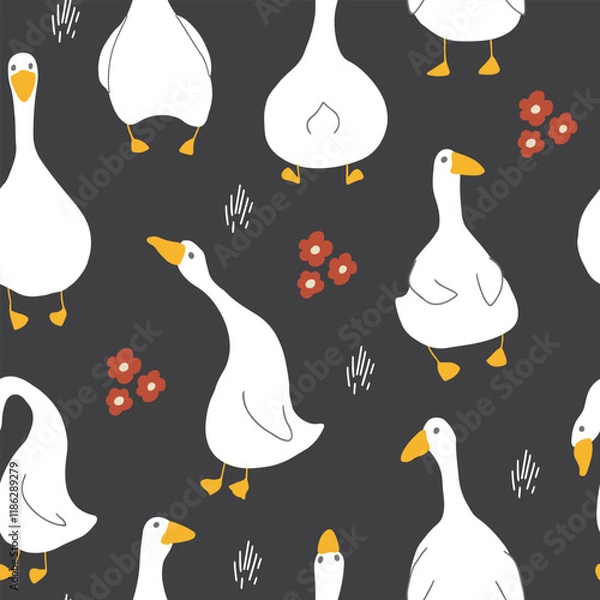 Obraz Goose Seamless Pattern. Cute Cartoon geese, Vector Illustration Background.