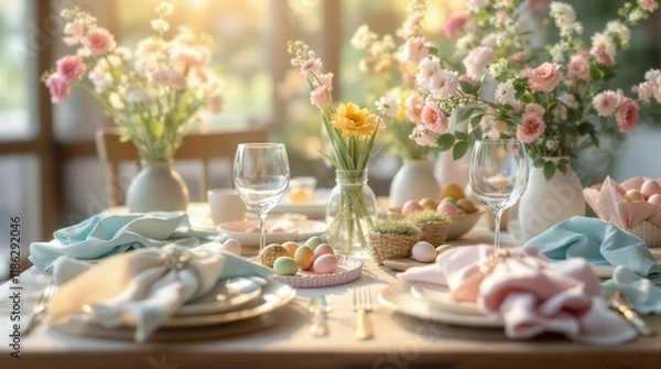 Fototapeta Pastel Easter table setting with flowers and eggs. Perfect for spring cards, blogs, and websites