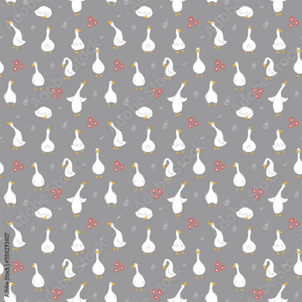 Obraz Goose Seamless Pattern. Cute Cartoon geese, Vector Illustration Background.
