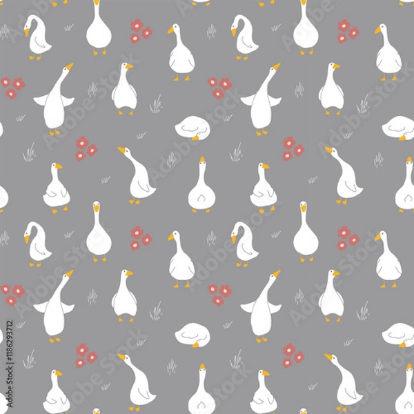 Fototapeta Goose Seamless Pattern. Cute Cartoon geese, Vector Illustration Background.