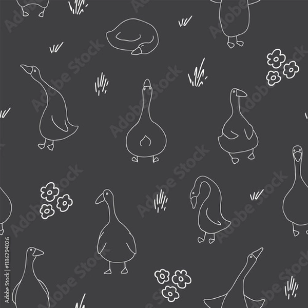 Fototapeta Goose Seamless Pattern. Cute Cartoon geese, Vector Illustration Background.