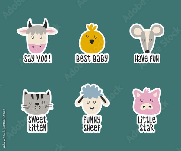 Fototapeta Cute farm animal faces with funny lettering set. Сow, pig, sheep, chicken, mouse and cat hand drawn sticker pack.