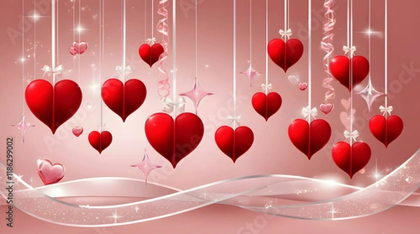 Obraz red hearts hunging with ribbons.