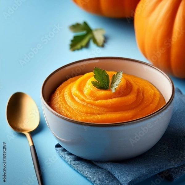 Fototapeta Delicious pumpkin puree served in bowl on blue background