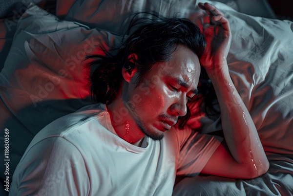 Obraz man in his thirties is lying on the bed, holding one hand to cover up an ear that seems to be going insane. His expression looks turned red with pain or aura, and sweat is dripping down from him