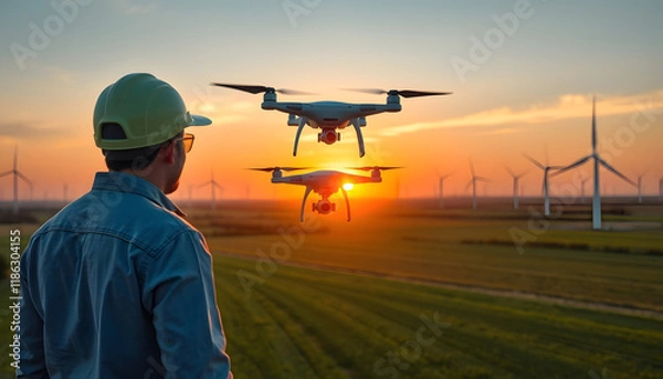 Fototapeta Drone Operator and Wind Farm: Man operating two drones over a wind turbine farm at sunset, renewable energy inspection