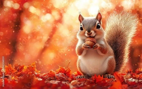 Fototapeta A cheerful squirrel holding an acorn, standing on a bright red autumn leaf background