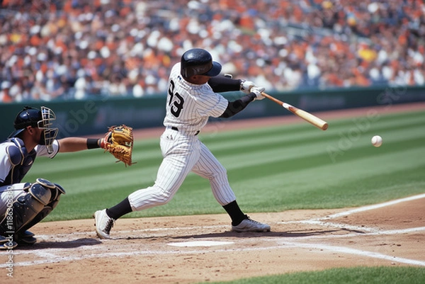 Fototapeta baseball player is swinging a bat at a ball. The batter is wearing a helmet and a white uniform