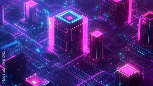 Obraz Vibrant Neon Cyber Virtualization System with Floating Nodes in High Tech Environment