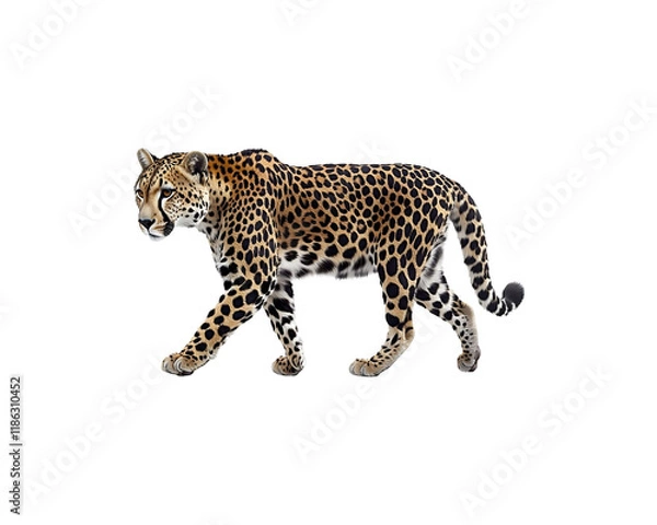 Obraz A cheetah walking to the right against a black background.