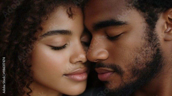 Fototapeta Propose Day Romantic close-up of young african couple with tender expressions