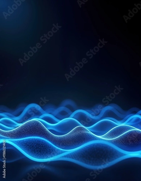 Fototapeta Abstract futuristic tech background with vibrant blue glow. Dynamic wave patterns create modern design. Suitable for websites posters. Illustration evokes sense of innovation, digital connectivity.
