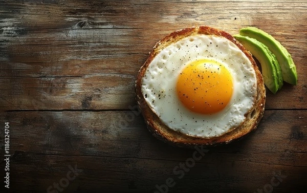 Fototapeta A sunny-side-up egg with toast and avocado slices on a rustic wooden table