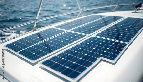 Fototapeta Close-up of solar panels integrated on the deck of a boat. On board energy generation as an additional power supply for yachts and hybrid or electric ships, magazine photoshoot, with white tones