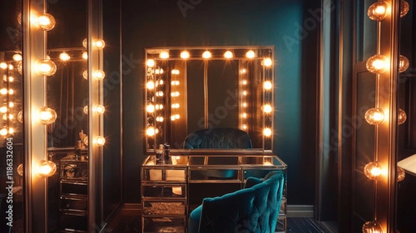 Fototapeta A glamorous Hollywood-inspired dressing room featuring mirrored furniture, bright lights surrounding a large mirror, and a plush velvet chair, creating a chic and luxurious atmosphere.
