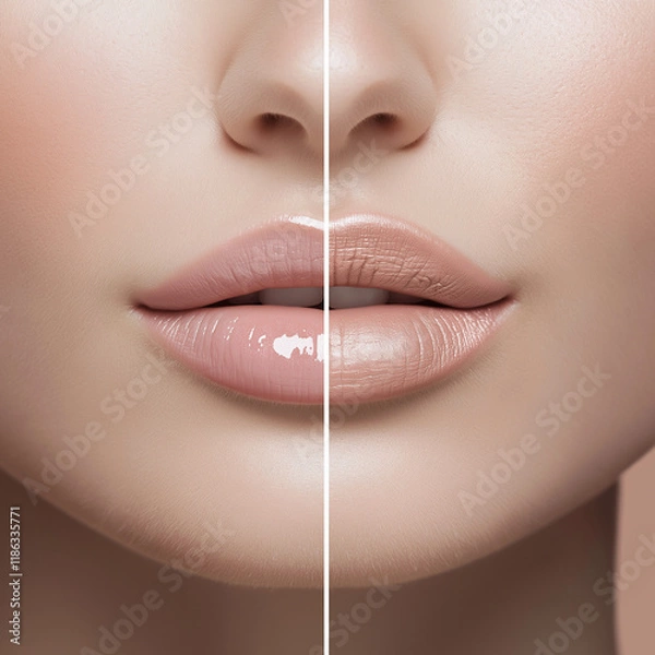 Fototapeta The before and after lip plumping photo of an attractive woman's lips, with one side showing natural fullness and the other side having an extreme lipstick application
