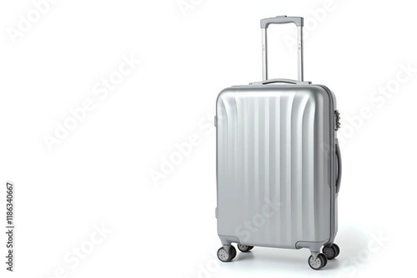 Fototapeta Silver travel suitcase isolated white background with copy-space. Travel concept