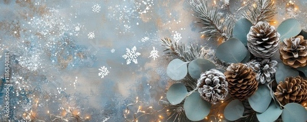 Fototapeta festive winter background, snowflakes, pinecones, eucalyptus leaves, sparkling lights, soft colors