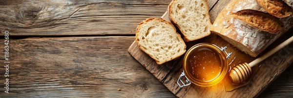 Obraz Wood Background with Bread and Honey