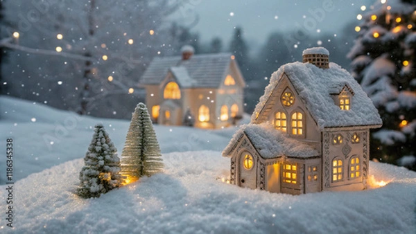 Fototapeta A charming winter village scene with toy houses, snow-covered trees, and warm lights creates an enchanting, festive ambiance.