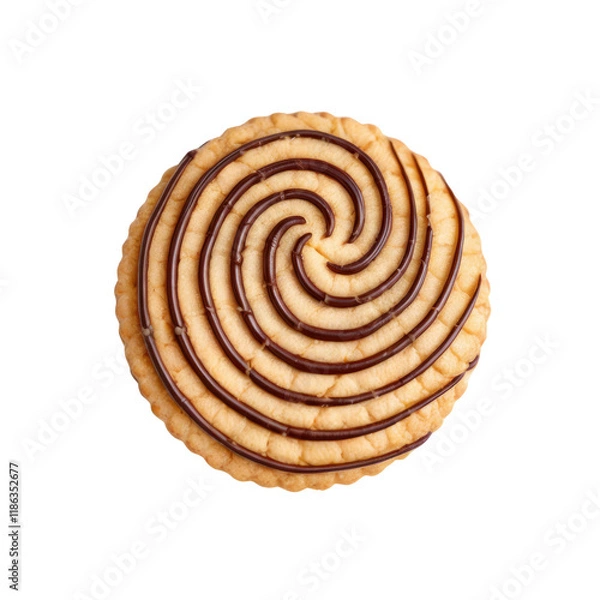 Fototapeta Swirl Cookie: A delectable round cookie featuring a mesmerizing spiral of rich chocolate icing atop a golden-brown base.  A tempting treat, perfect for satisfying sweet cravings.