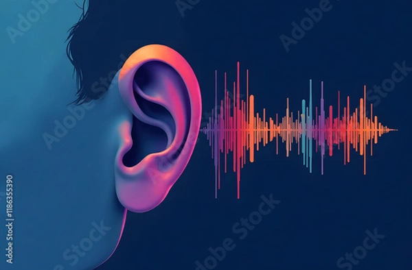 Fototapeta Ear and Sound wave Illustration for Hearing Awareness. Vibrant illustration of a human ear with colorful sound waves on a dark background