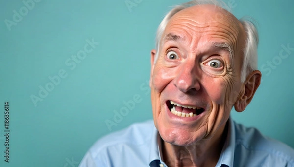 Fototapeta Surprised Elderly Man with Big Eyes. An astonished elderly man with wide-open eyes on a turquoise background. Space for text is available, capturing surprise and awe.