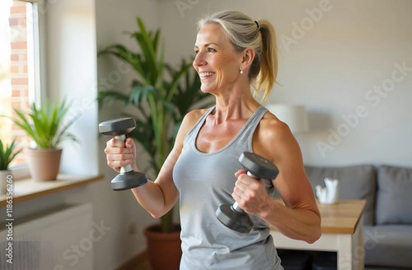 Fototapeta Middle-aged Woman Exercising with Dumbbells at Home. A middle-aged woman smiling while lifting dumbbells at home, promoting fitness, health, and an active lifestyle for adults.