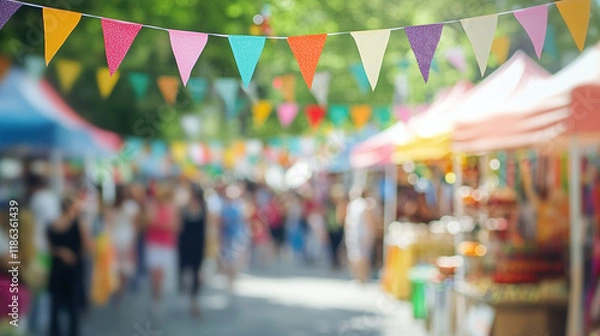 Obraz Colorful street festival with bunting flags and market stalls.
Summer fair background with blurred people and festive decorations