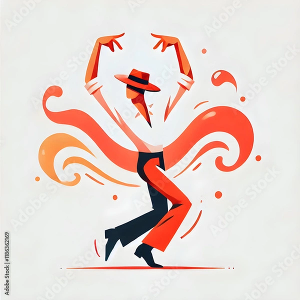 Fototapeta Digital illustration of a dancer gracefully performing salsa with hands lifted, isolated on white background with decorative swirls