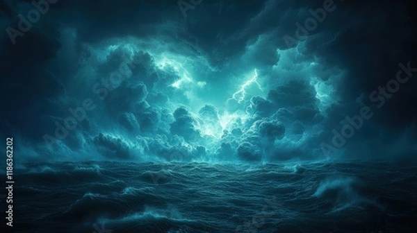 Obraz Dark stormy ocean, lightning strikes clouds.