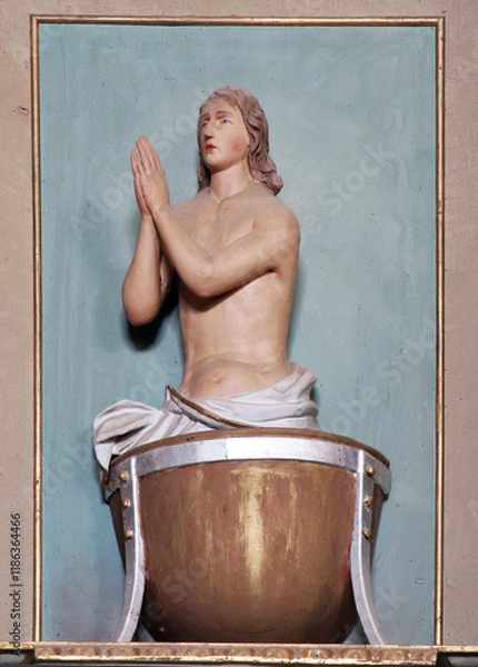 Obraz Saint Vitus, statue on the altar of the Holy Trinity in the parish church of St. Catherine of Alexandria in Ribnicki Kunic, Croatia