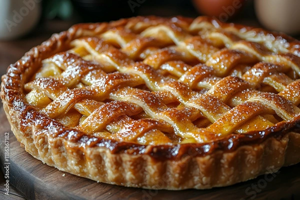 Fototapeta A Rustic Apple Pie with a Golden Lattice Crust, Ready to be Served
