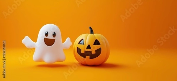 Obraz Cute ghost character with smiling face next to carved Halloween pumpkin on vibrant orange background, perfect for festive decorations, copy space for text