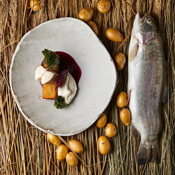Fototapeta Salmon fillet with tartar sauce, herbs and crackers on a white plate.
