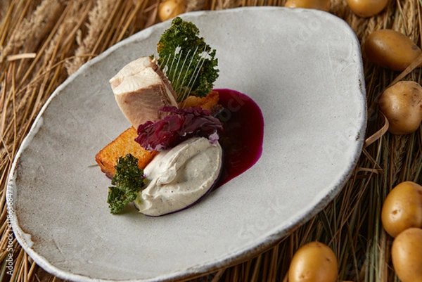 Fototapeta Salmon fillet with tartar sauce, herbs and crackers on a white plate.