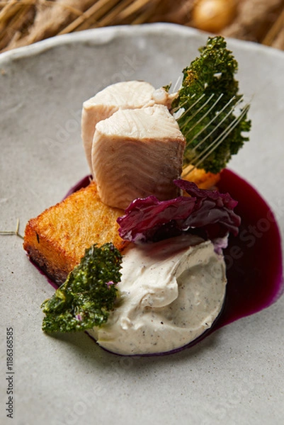 Fototapeta Salmon fillet with tartar sauce, herbs and crackers on a white plate.