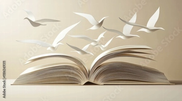 Fototapeta Education and freedom layered paper cut of an open book and birds