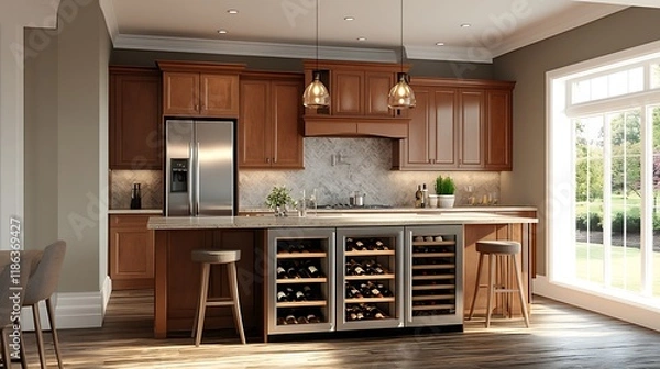 Fototapeta Kitchen with a built-in wine fridge and bar area 
