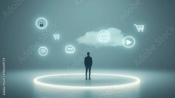 Fototapeta Abstract human figure with floating icons in soft glow