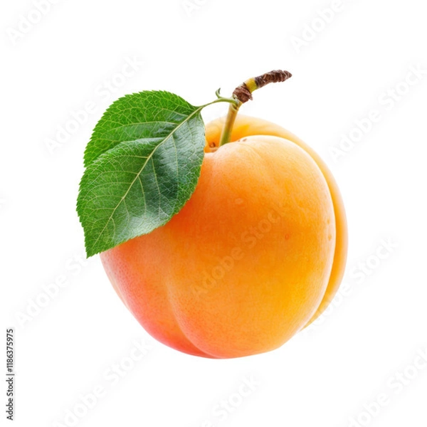 Fototapeta Apricot with Leaf: A single, ripe apricot with a vibrant green leaf sits on a white background, ready to be incorporated into your next culinary or health-focused design.  