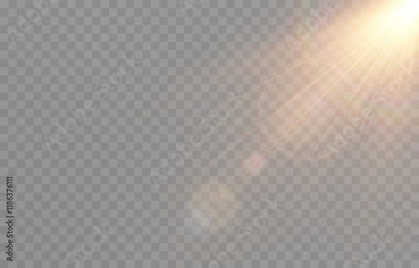 Obraz Vector realistic light png. Sun with rays and glare png. Sunlight or dawn on transparent background. Golden light.