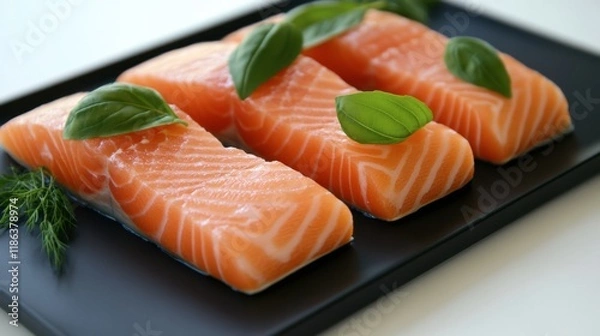 Fototapeta Salmon Filets with Basil: Three succulent salmon filets, glistening with freshness, are artfully arranged on a dark slate platter, garnished with vibrant green basil leaves.