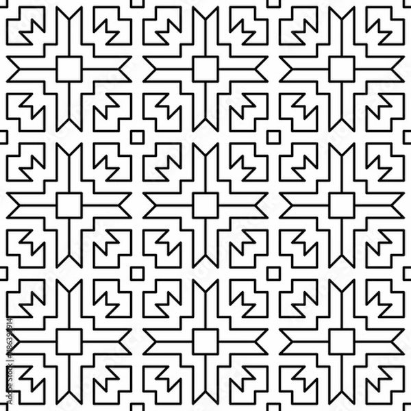 Fototapeta Seamless geometric pattern with abstract symmetrical shapes of lines in a grid layout.
