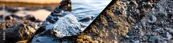 Fototapeta Ice Chunk on Rocks near Shoreline: Triptych