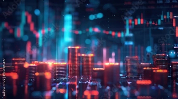 Fototapeta High-tech financial space with 3D charts, coins, cash, stock tickers, exchange rates, and a futuristic design symbolizing wealth