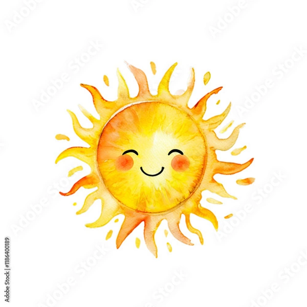 Obraz Smiling Sun Watercolor Illustration: Watercolor painting of a happy sun with a smiling face and blushing cheeks. Perfect for adding a touch of sunshine to your designs.  