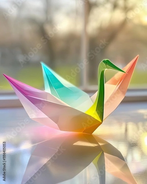 Fototapeta a delicate pastel paper crane crushed on one side, showcasing resilience in fragility